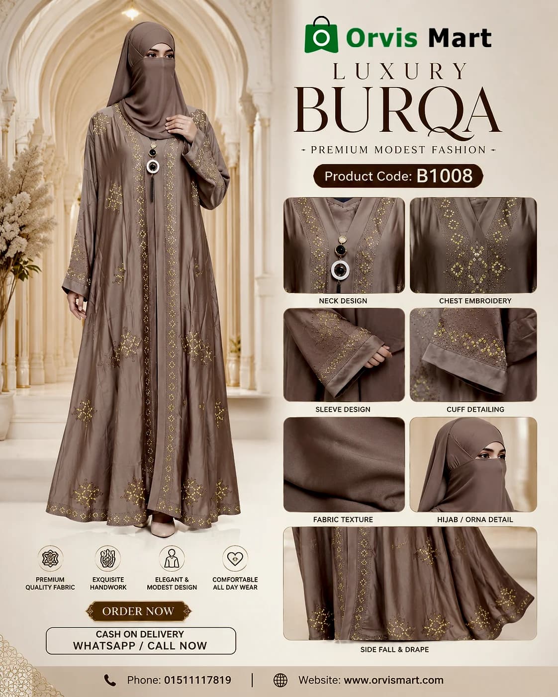 Luxury Premium Embroidered Burqa Set with orna (Product Code: B1008)