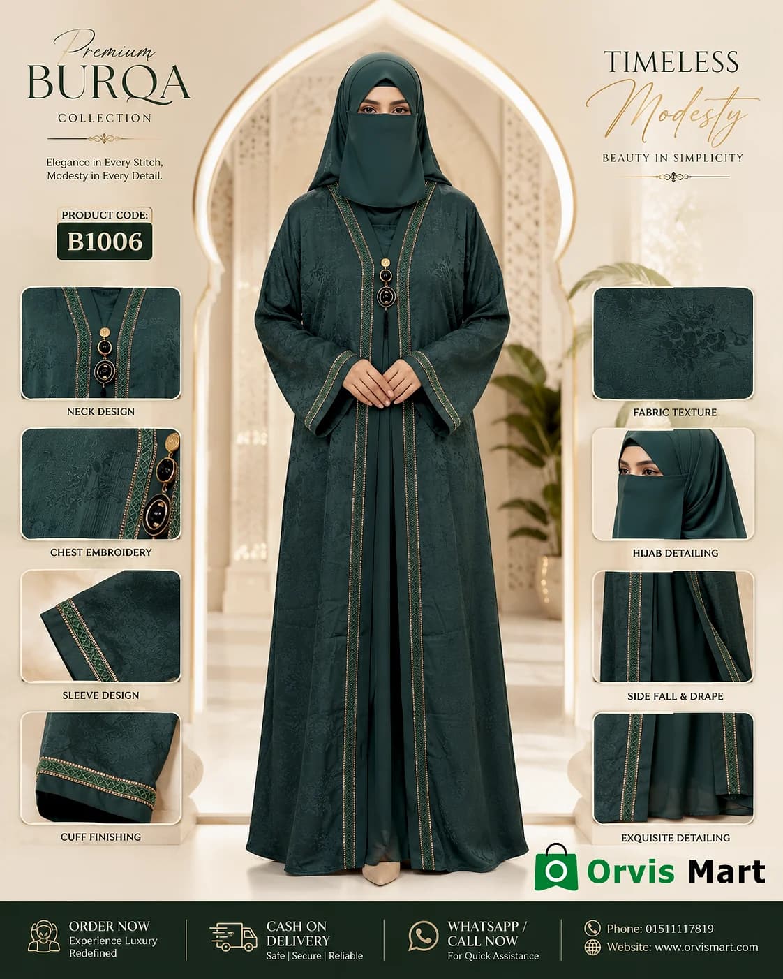 Premium Burqa – Bottle Green Jacquard Abaya (B1006)